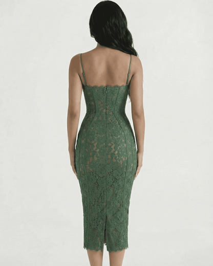 Siena Midi Dress by SLIMONA, showing the back view of a green lace sheath dress with high waist.