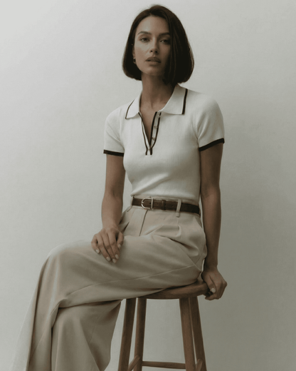 Siena Polo Shirt by SLIMONA - refined slim fit in cream with modern contrast detail, perfect for stylish women.