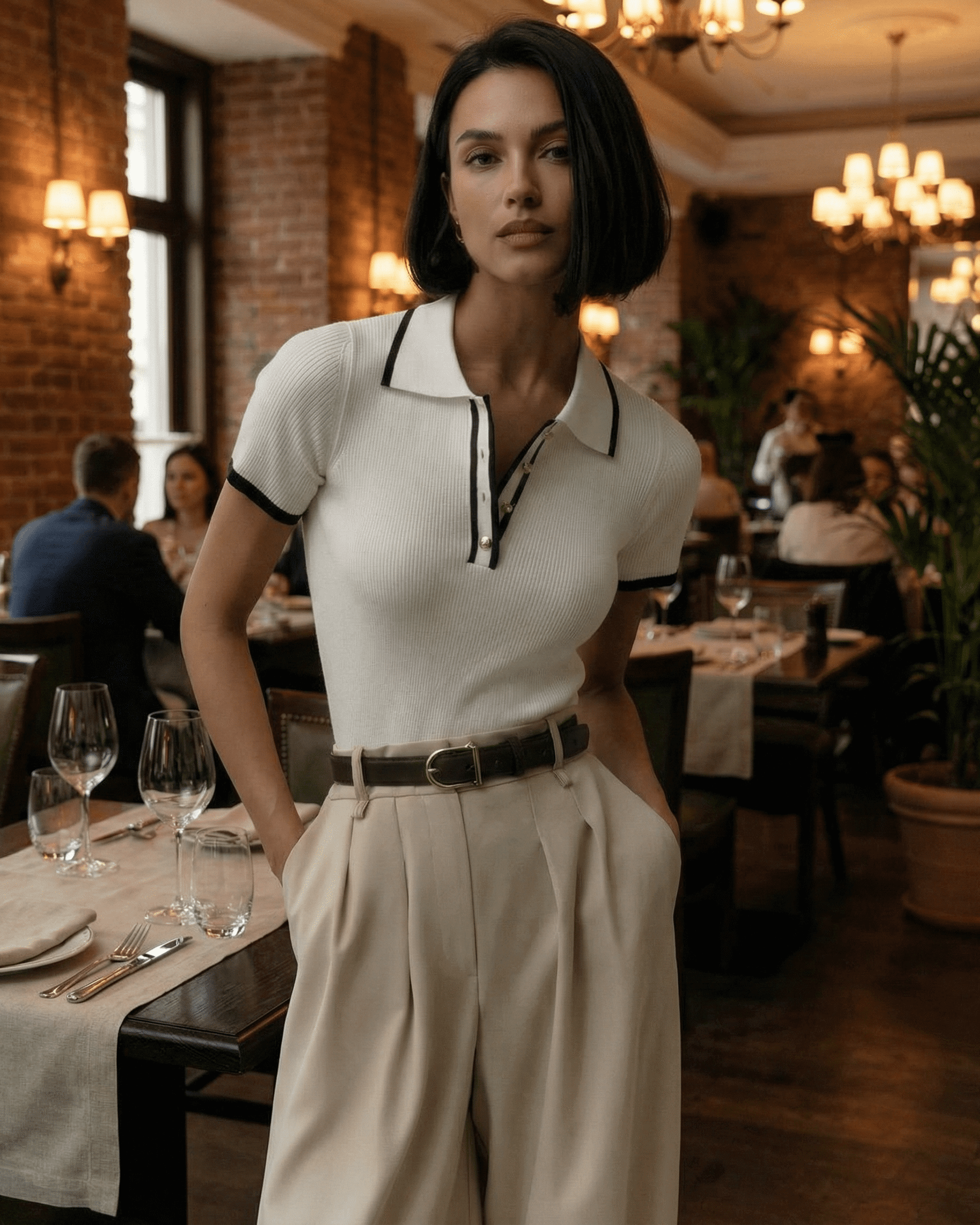 Siena Polo Shirt by SLIMONA displayed on a model in a restaurant, showcasing refined slim fit and modern contrast detail.