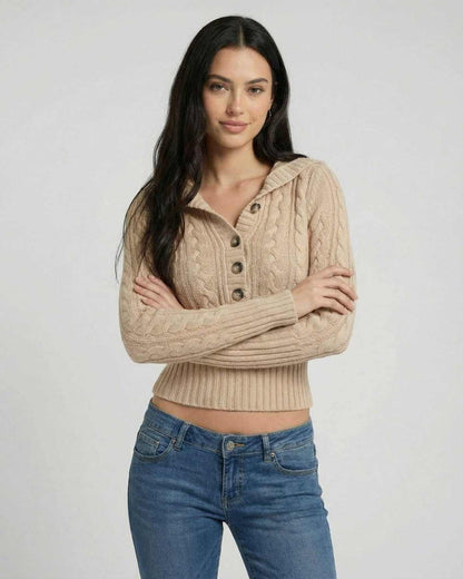 Siena Sweater by Lauven, women’s hooded cable knit slim fit sweater in beige.