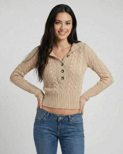 Siena Sweater by Lauven, a stylish hooded cable knit sweater with a slim fit.
