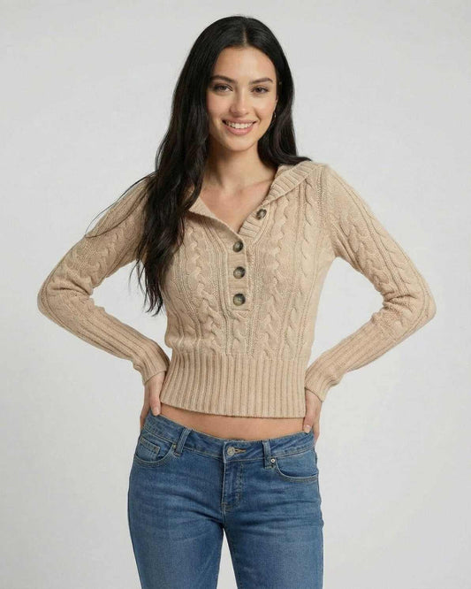 Siena Sweater by Lauven, a stylish hooded cable knit sweater with a slim fit.