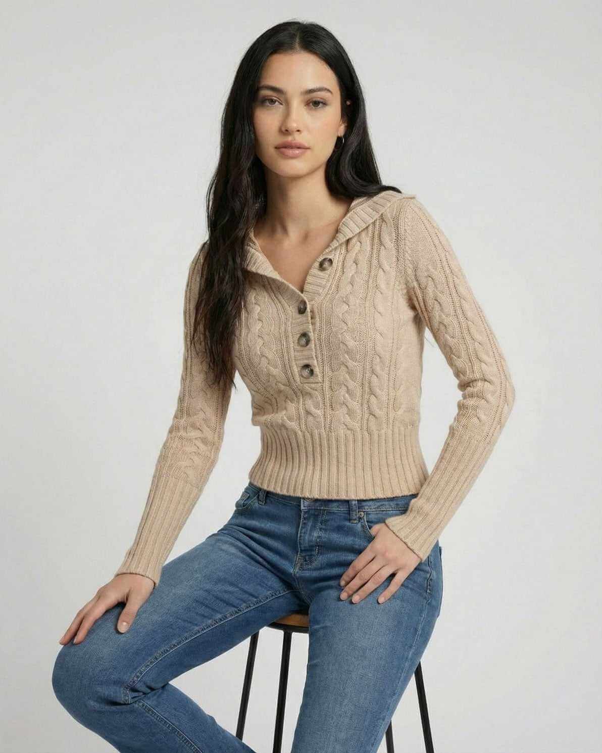 Siena Sweater by Lauven – women’s hooded cable knit sweater with a slim fit silhouette.