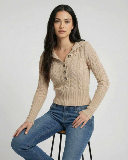 Siena Sweater by Lauven – women’s hooded cable knit sweater with a slim fit silhouette.