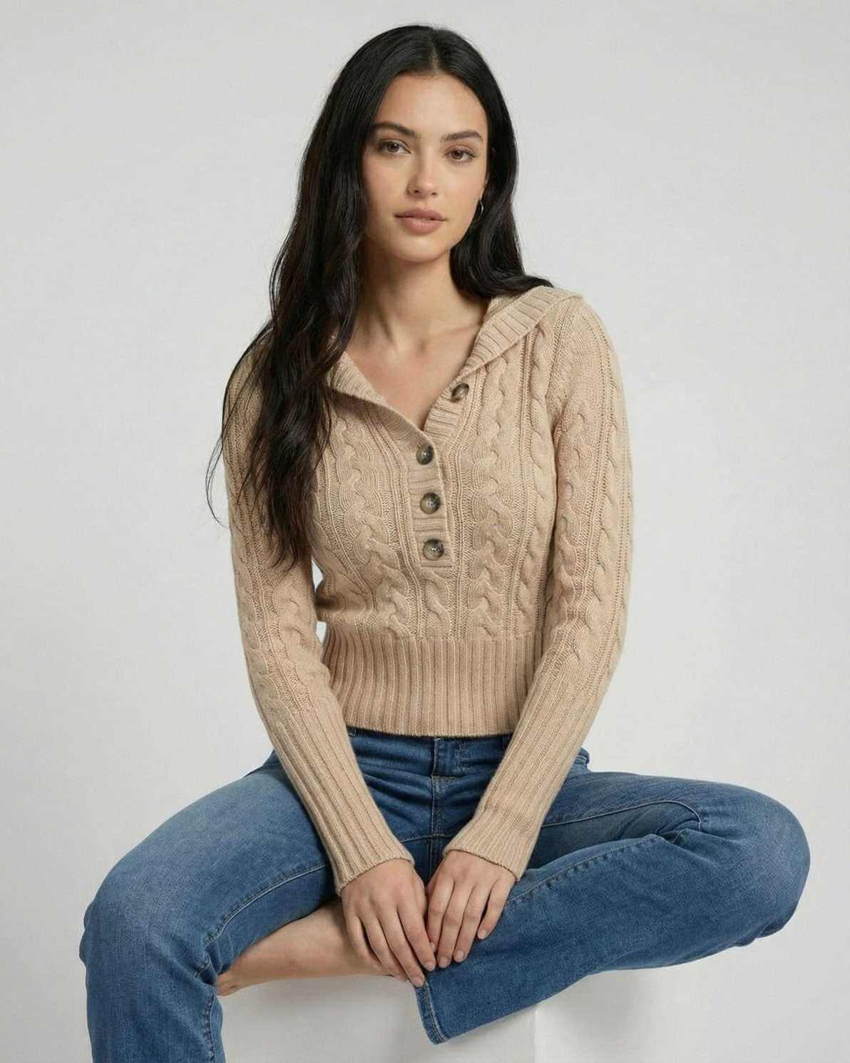 Siena Sweater by Lauven, hooded cable knit slim fit sweater showcasing a polished look and modern silhouette.