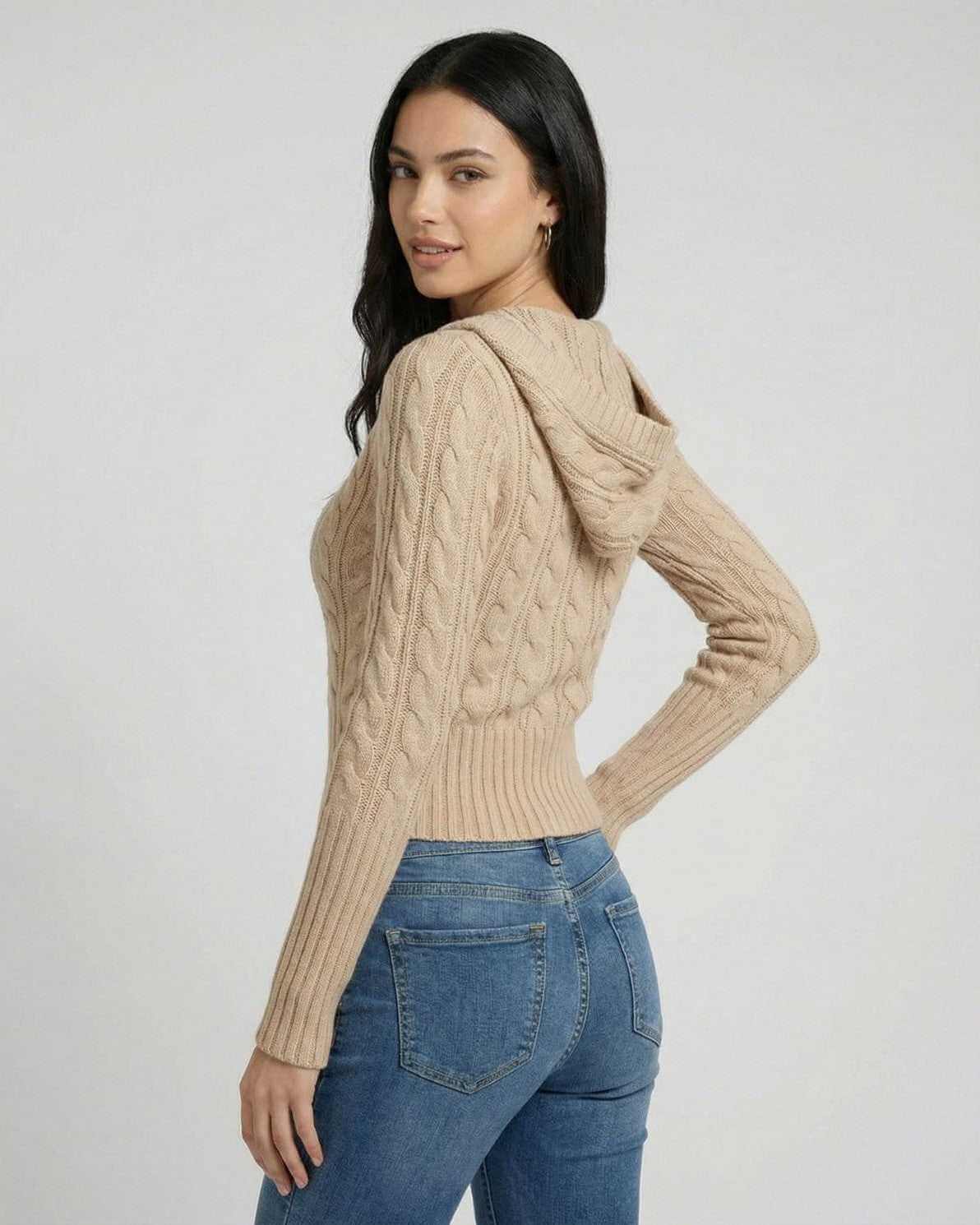 Siena Sweater by Lauven - Hooded cable knit slim fit sweater in a neutral tone, showcasing a fitted silhouette.