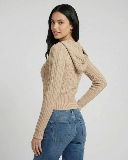 Siena Sweater by Lauven - Hooded cable knit slim fit sweater in a neutral tone, showcasing a fitted silhouette.