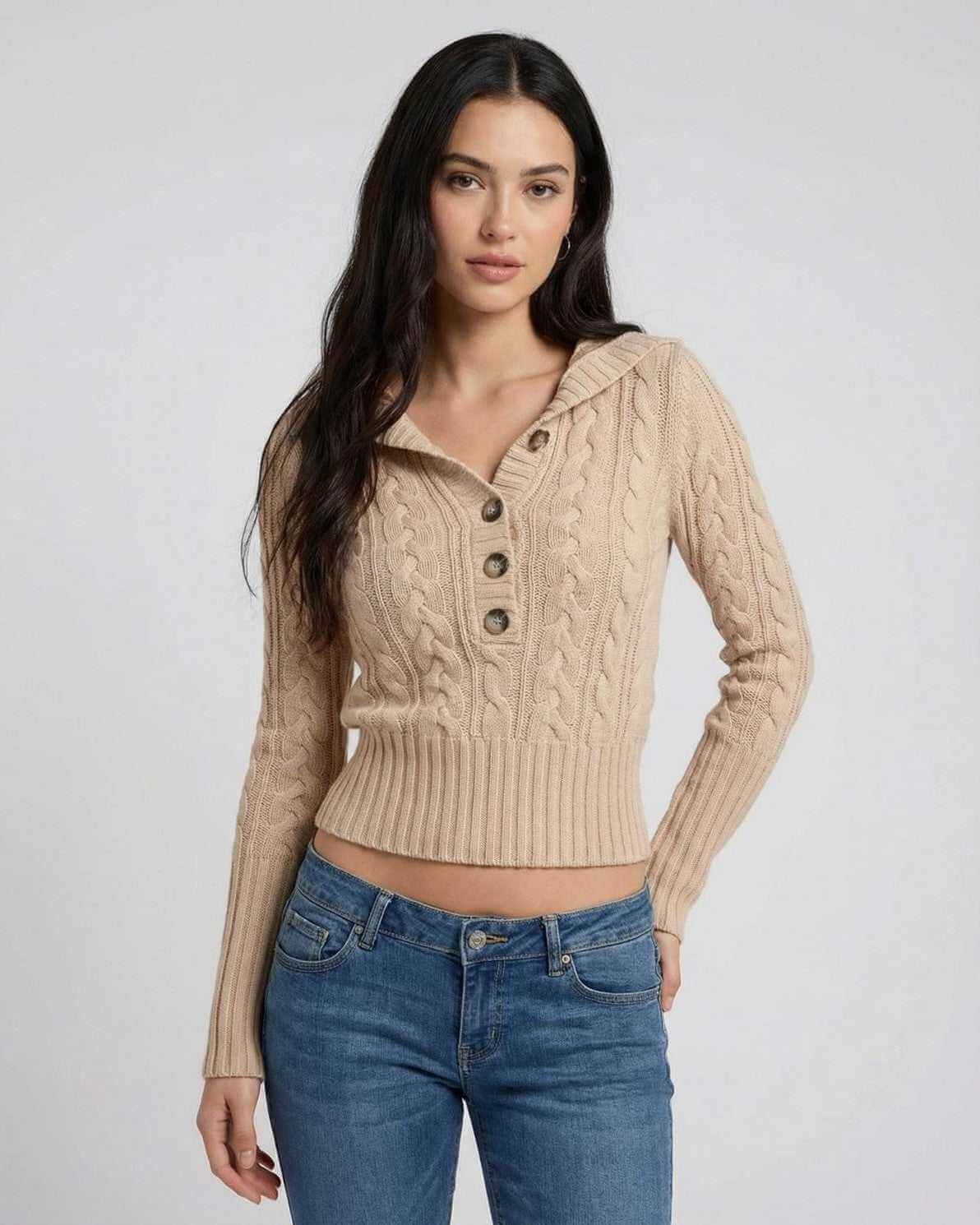 Lauven Siena Sweater hooded cable knit slim fit sweater in beige with buttons and ribbed hem.