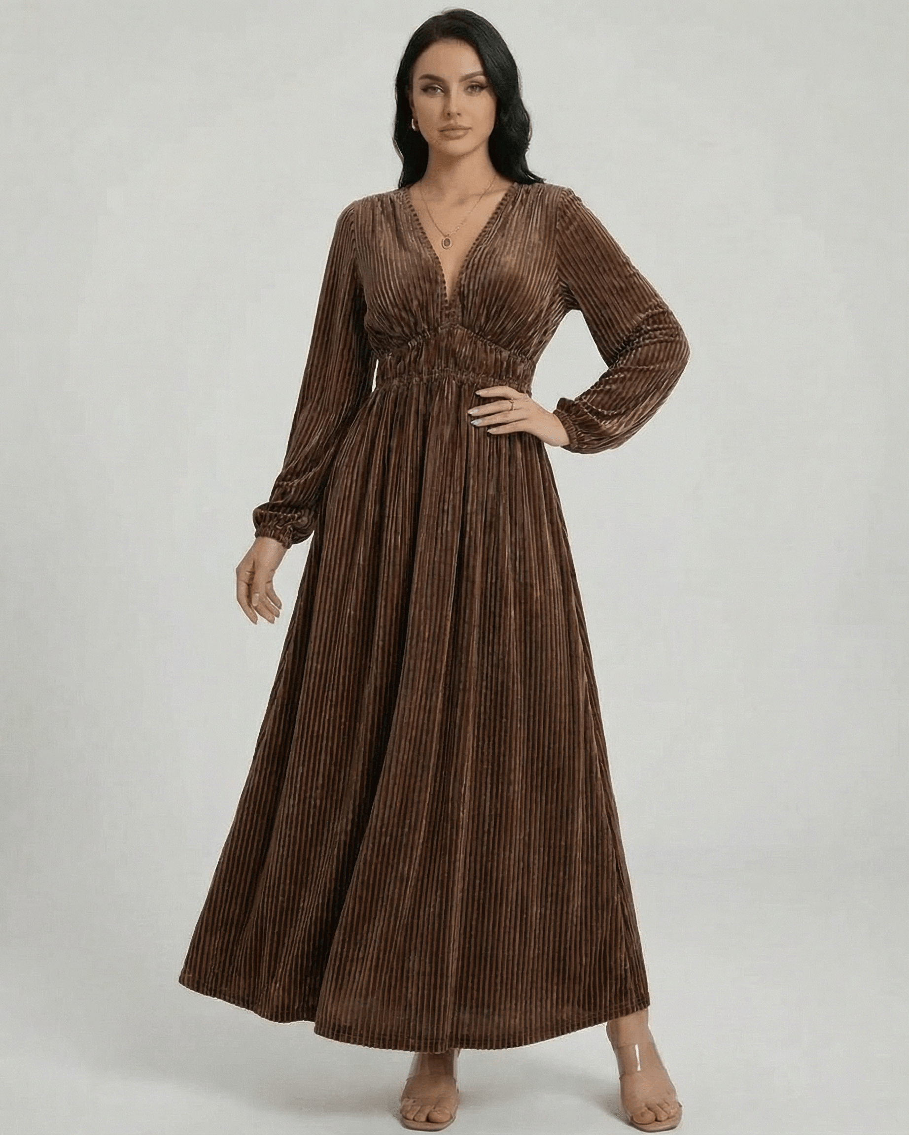 Sienna Maxi Dress by Lauven, pleated velvet long sleeve dress with V-neck in rich brown.