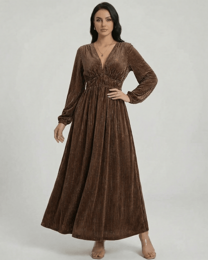 Sienna Maxi Dress by Lauven, pleated velvet long sleeve dress with V-neck in rich brown.