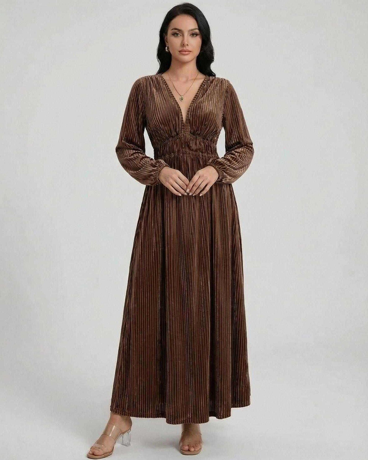 Sienna Maxi Dress by Lauven, pleated velvet long sleeve dress with V-neck and ankle-length hem.