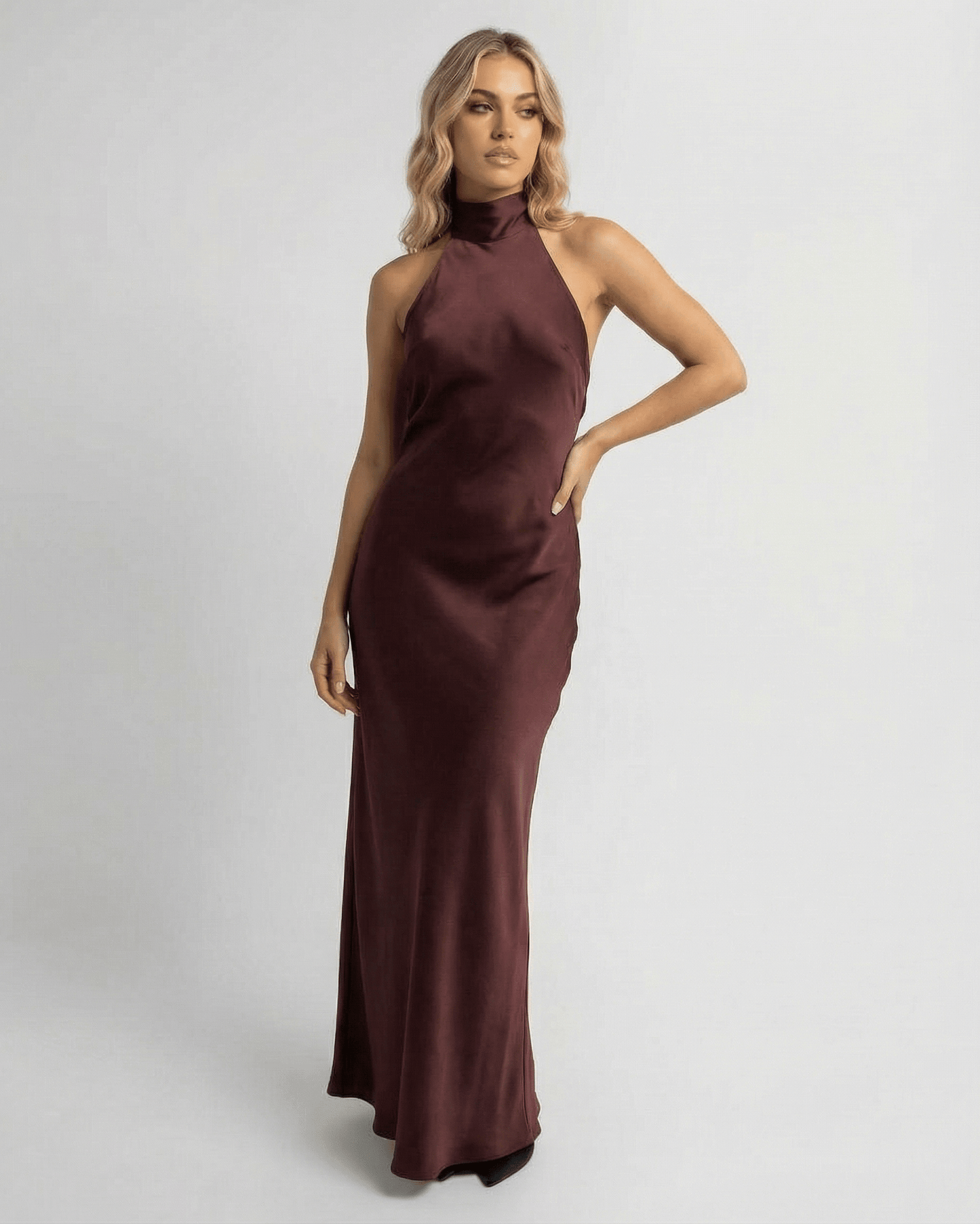 Sienna Maxi Dress by Lauven - Satin halter maxi dress in burgundy with sleek sheath silhouette.