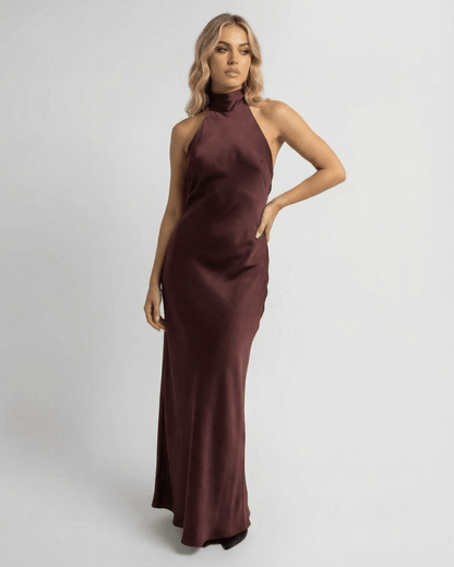 Sienna Maxi Dress by Lauven - Satin halter maxi dress in burgundy with sleek sheath silhouette.