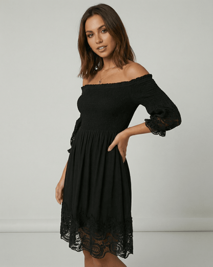Sienna Midi Dress by Lauven, women’s black lace off shoulder A-Line dress with romantic elegance.