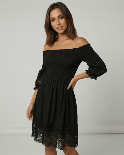 Sienna Midi Dress by Lauven – Women's black off shoulder A-Line midi dress with lace detailing.