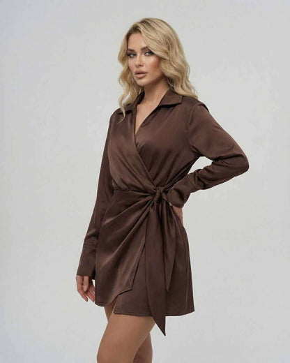 Sienna Mini Dress by Lauven - Elegant brown satin wrap dress showcasing a flattering fit and adjustable waist tie.