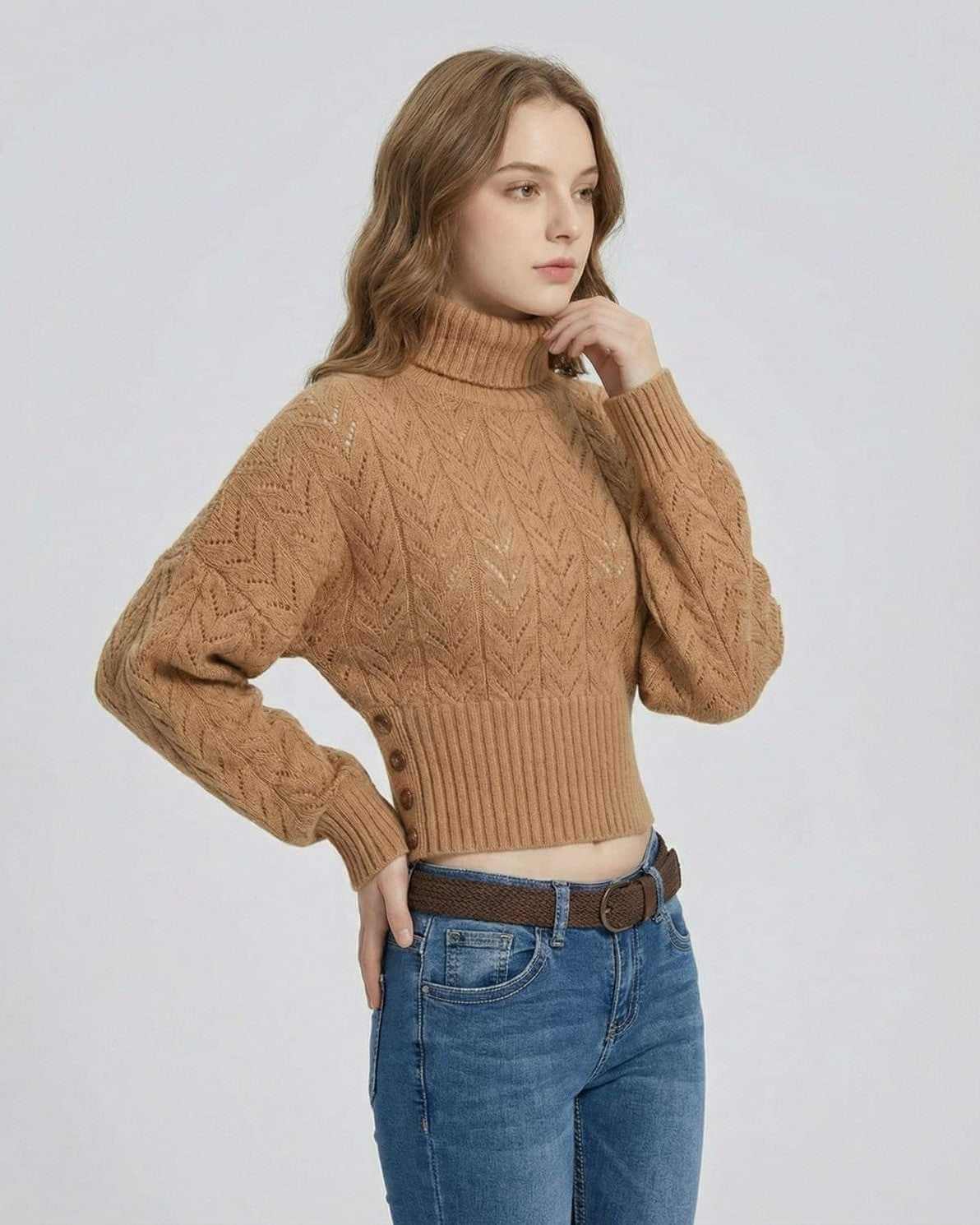 Sienna Sweater by Lauven, a slim fit turtleneck knit sweater featuring a textured pattern and stylish button details.