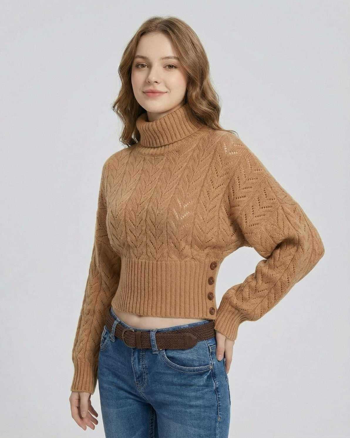 Sienna Sweater by Lauven, a slim fit turtleneck knit sweater in caramel with textured patterns and a stylish silhouette.