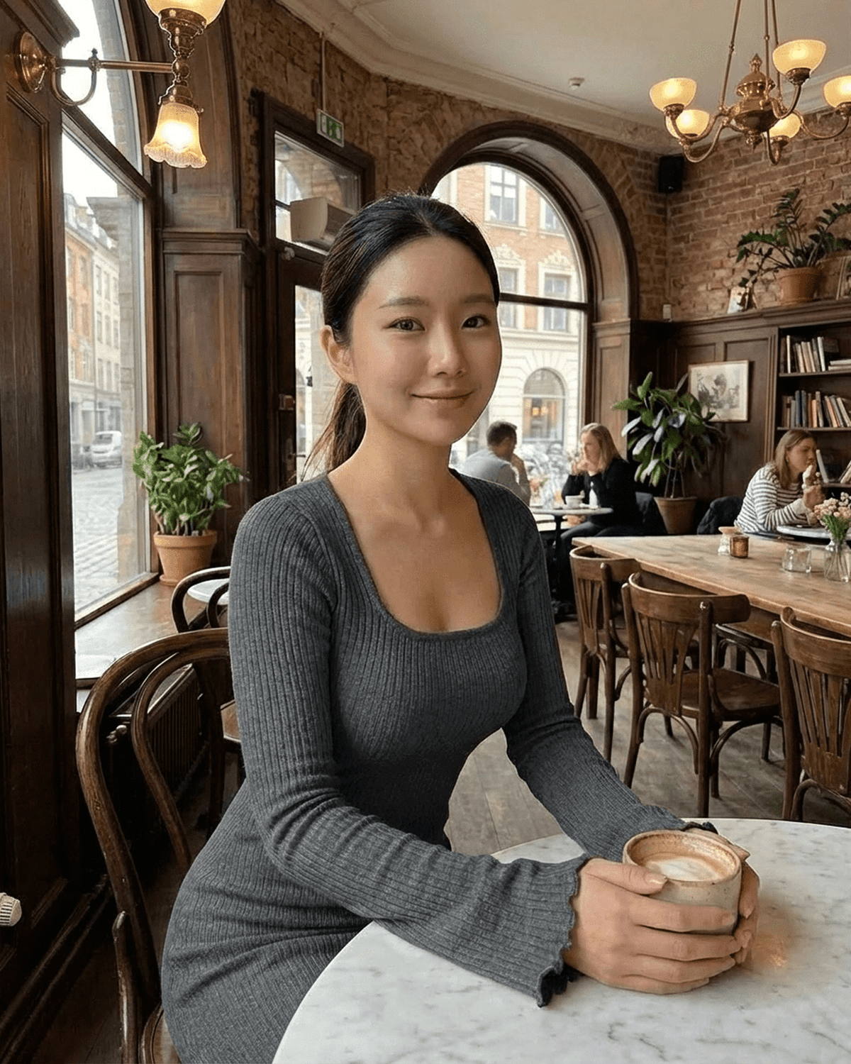 Slate Maxi Dress in ribbed knit, featuring a square neckline, worn by a woman in a cozy cafe.