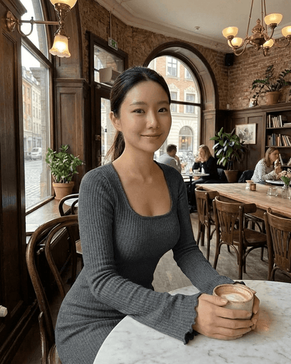 Slate Maxi Dress in ribbed knit, featuring a square neckline, worn by a woman in a cozy cafe.
