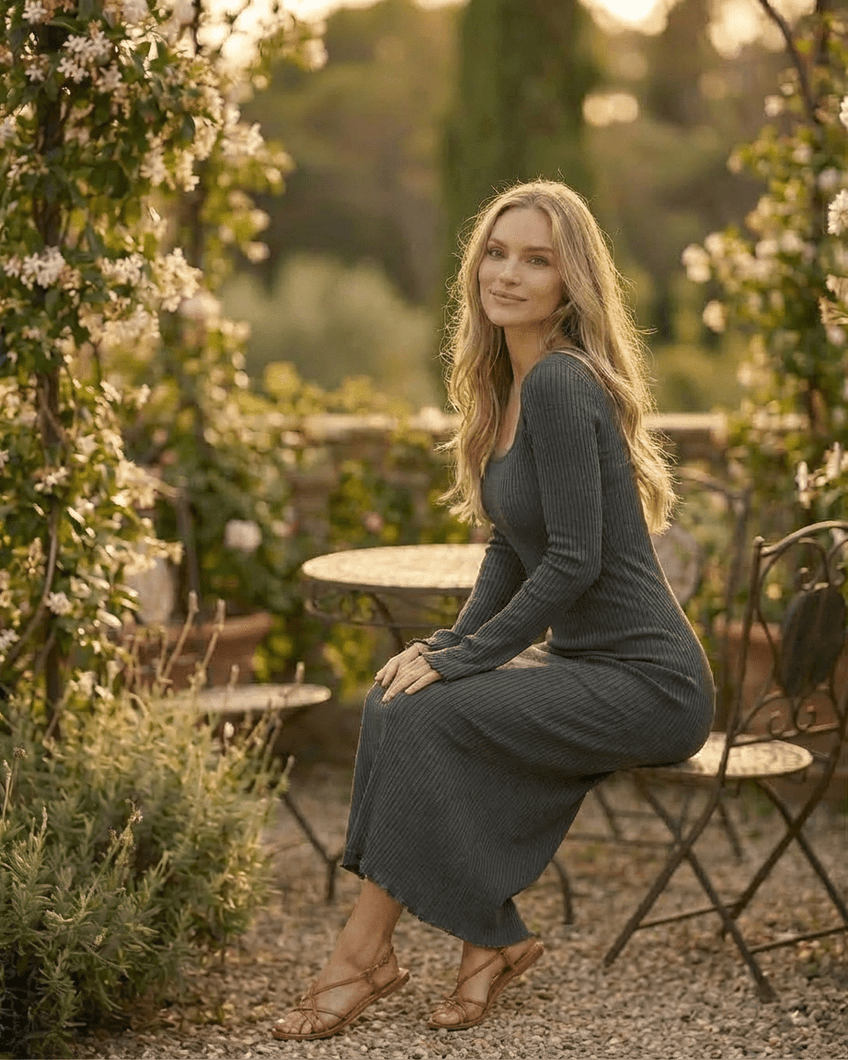 Slate Maxi Dress by SLIMONA, featuring ribbed knit, square neckline, and long sleeves, perfect for elegant comfort.