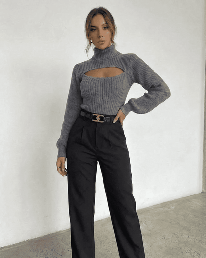 Slate Sweater by SLIMONA featuring a mock neck and cut-out ribbed knit design, perfect for fall and winter styling.