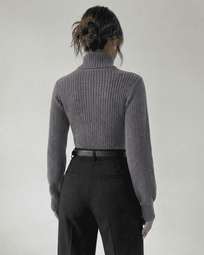 Slate Sweater in gray, showcasing mock neck and ribbed knit from SLIMONA, perfect for fall and winter.