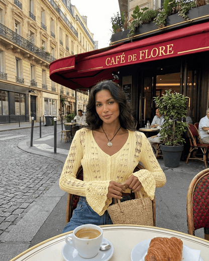 Solana Cardigan by SLIMONA, cropped cotton knit with flare sleeves, perfect for warm-weather styling.