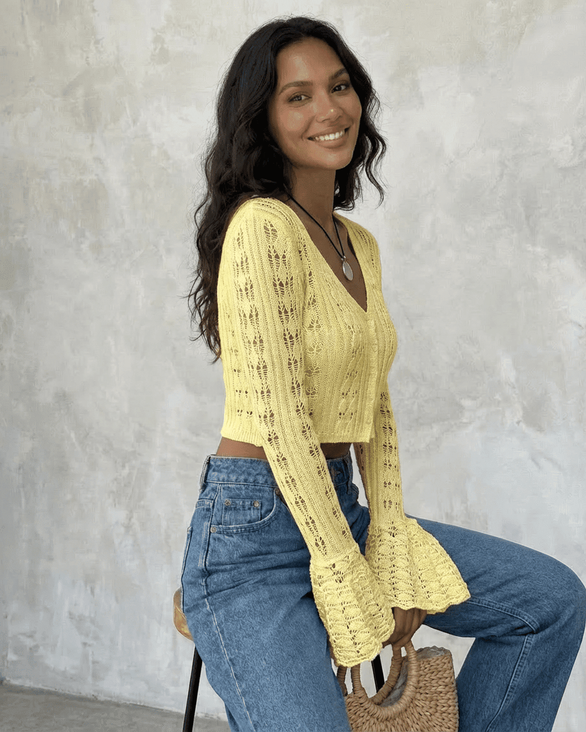 Solana Cardigan by SLIMONA, cropped cotton knit with flare sleeves, elegant summer layering piece.