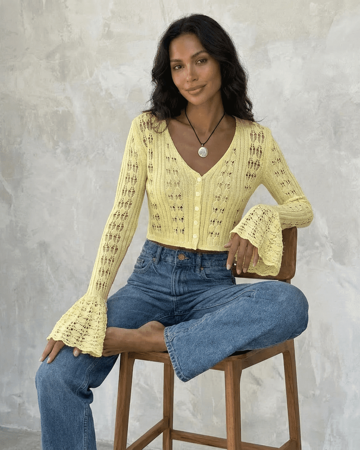 Solana Cardigan by SLIMONA - Cropped cotton knit with flare sleeves, perfect for warm weather layering.