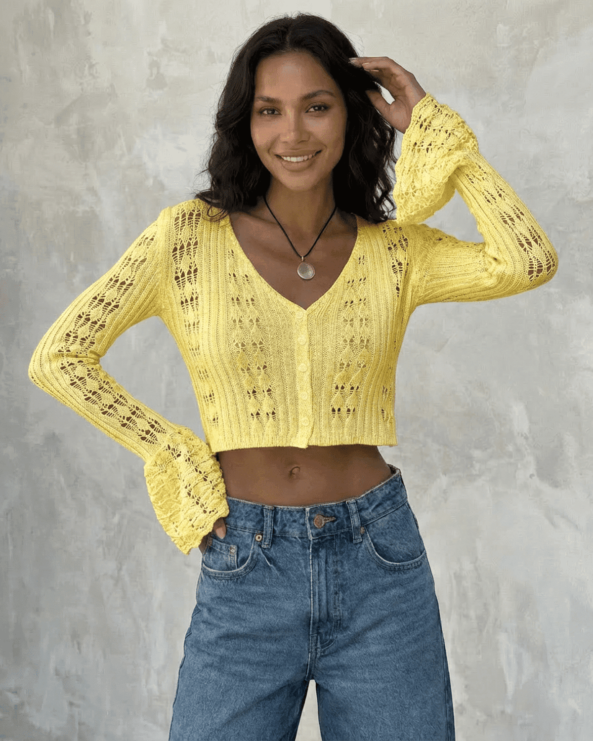 Solana Cardigan by SLIMONA, cropped yellow cotton knit with flare sleeves, V-neck and stylish look.