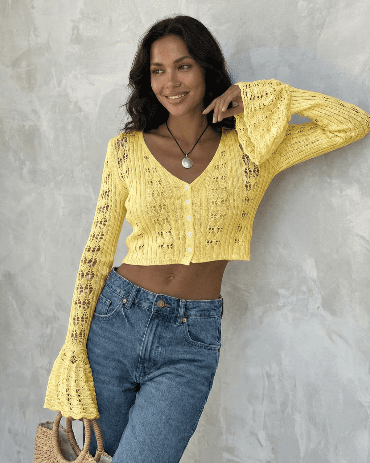 Solana Cardigan by SLIMONA, cropped knit cardigan in yellow with flare sleeves and V-neckline.