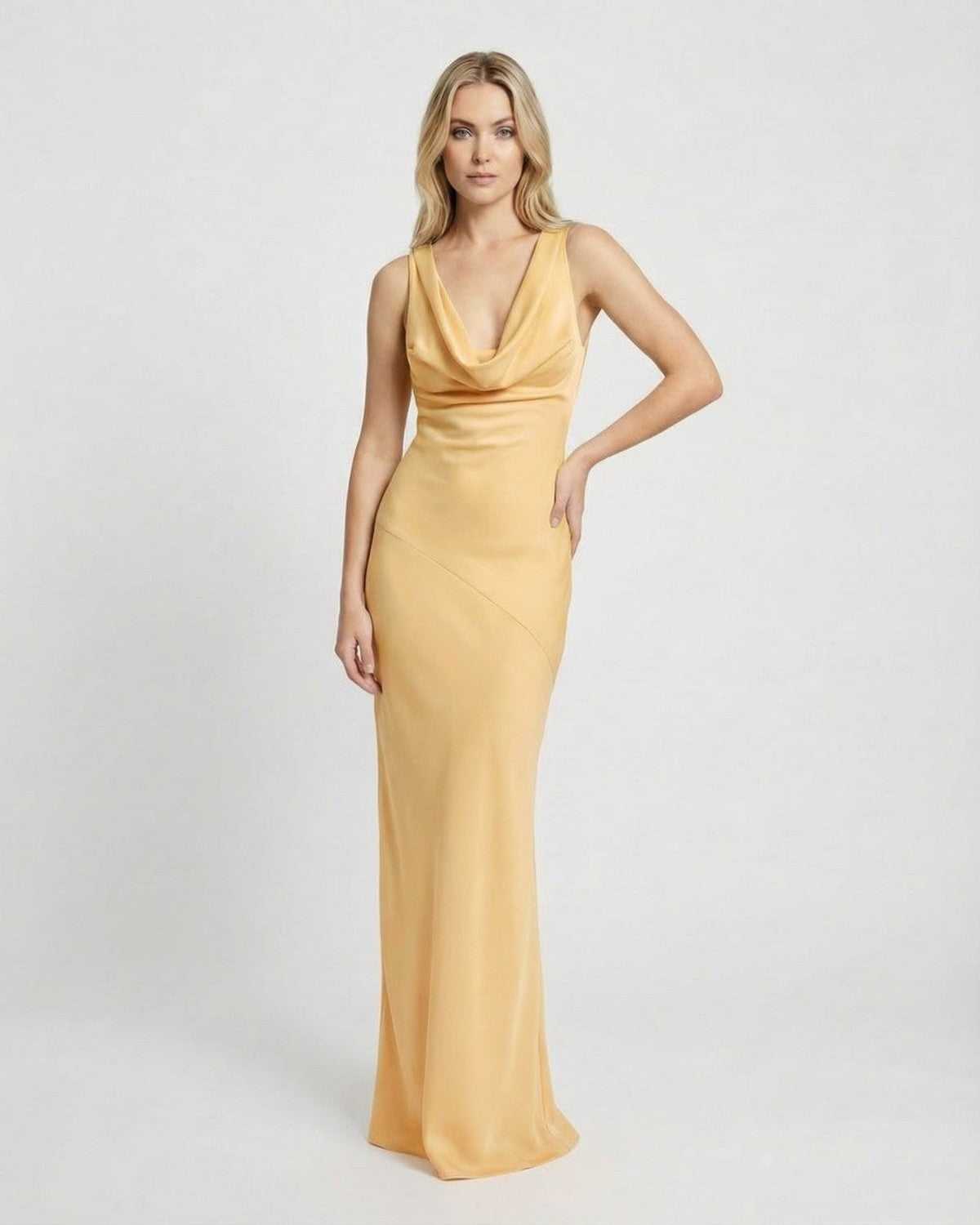 Solara Maxi Dress by SLIMONA, satin-effect bodycon design with a cowl neck in elegant yellow.