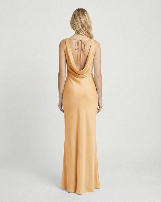 Solara Maxi Dress by SLIMONA showcasing a satin-effect cowl neck and elegant back design.