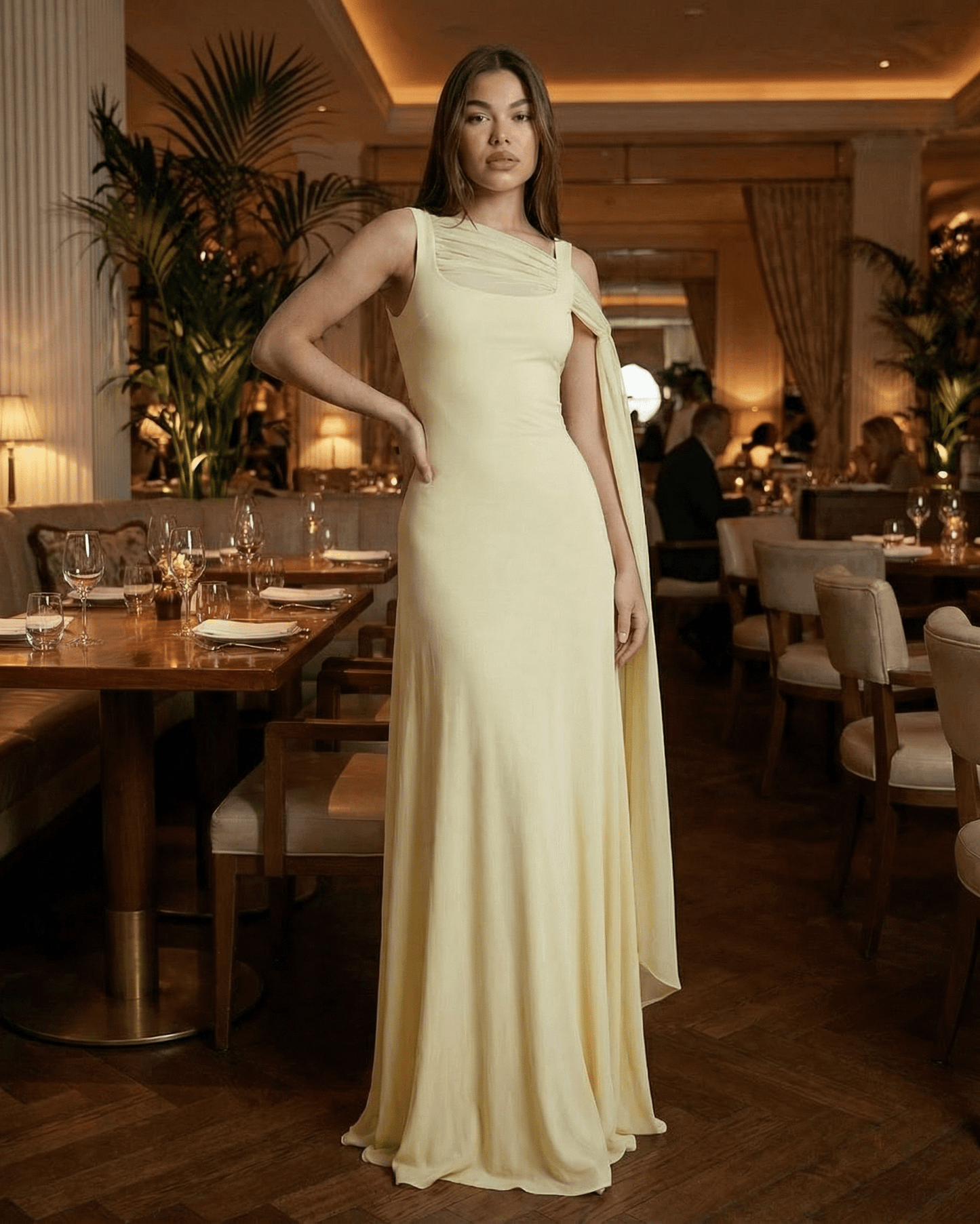 Solenne Maxi Dress by SLIMONA — elegant light yellow slip dress with square neck, perfect for special occasions.