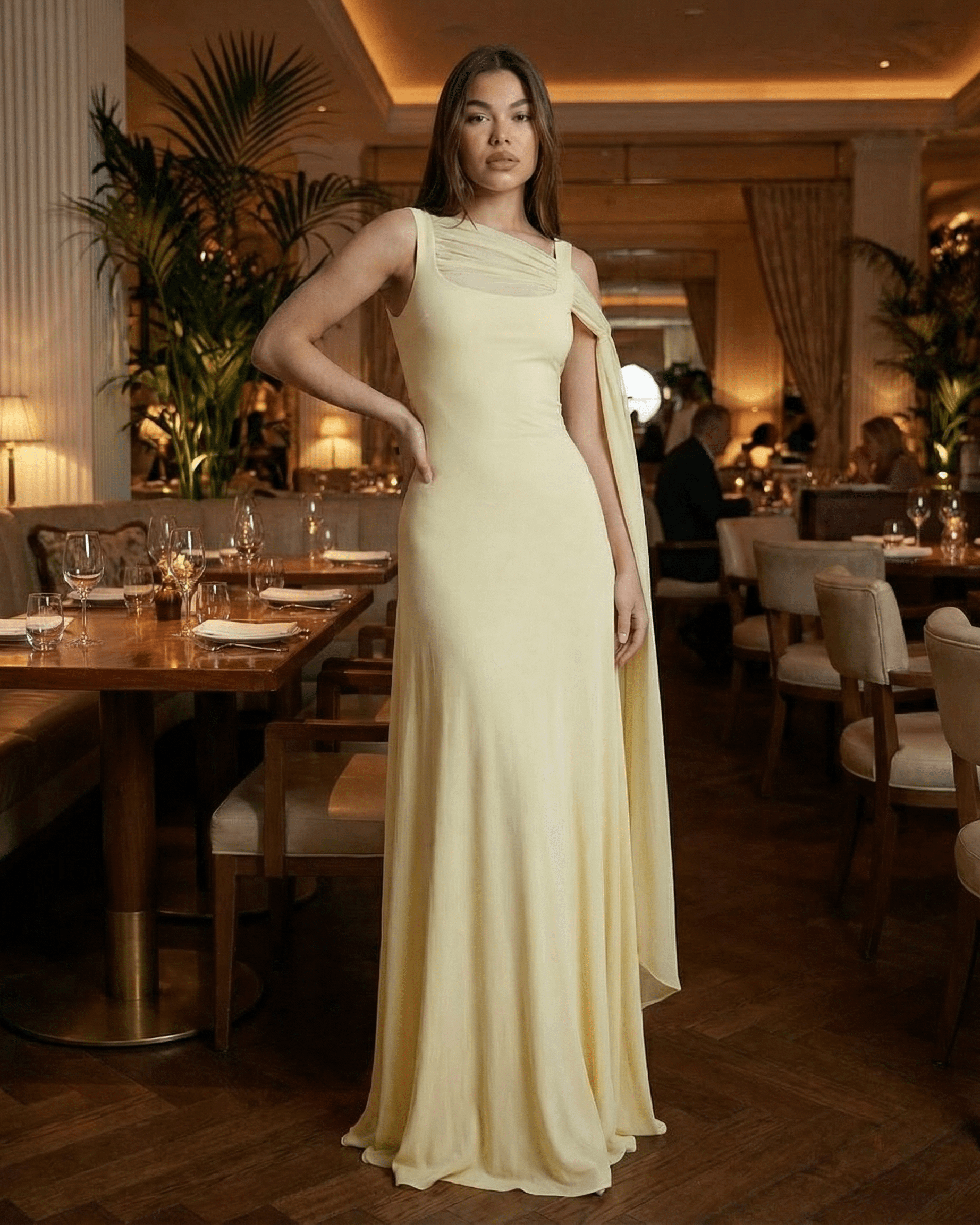 Solenne Maxi Dress by SLIMONA — elegant light yellow slip dress with square neck, perfect for special occasions.