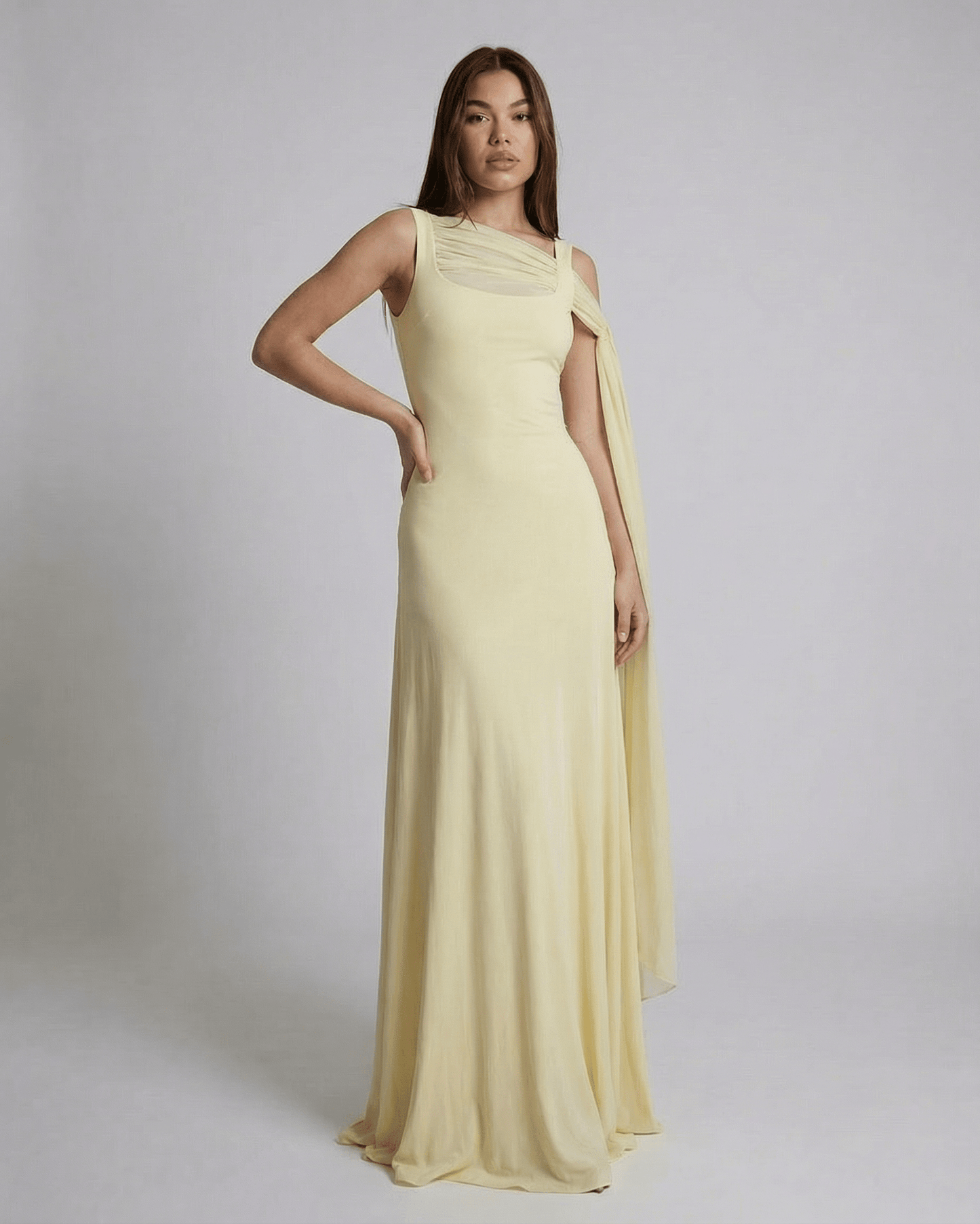 Solenne Maxi Dress by SLIMONA, elegant light yellow slip maxi dress with square neck and mesh shawl detail.
