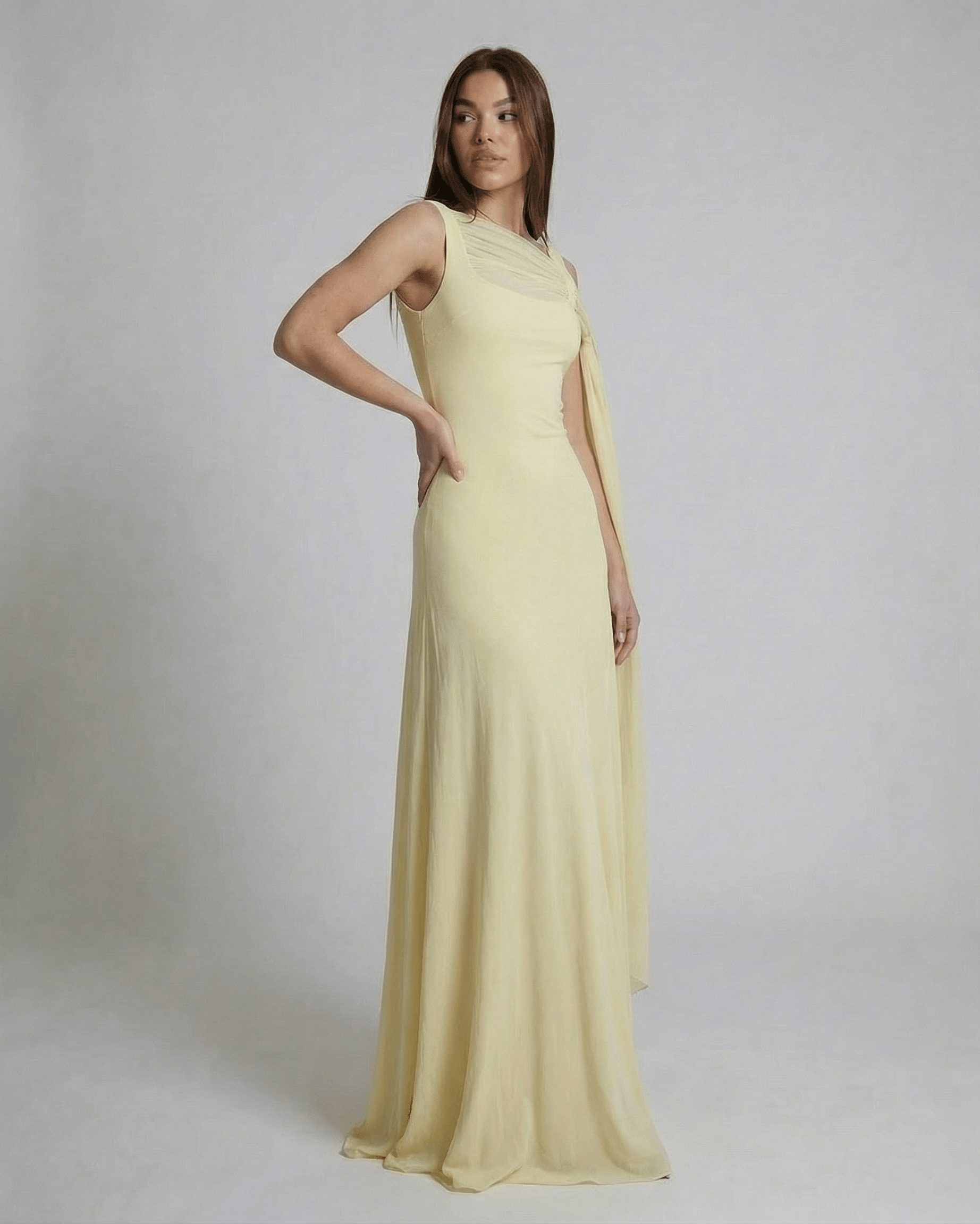 Solenne Maxi Dress by SLIMONA - Elegant light yellow slip dress with square neck and mesh detail.