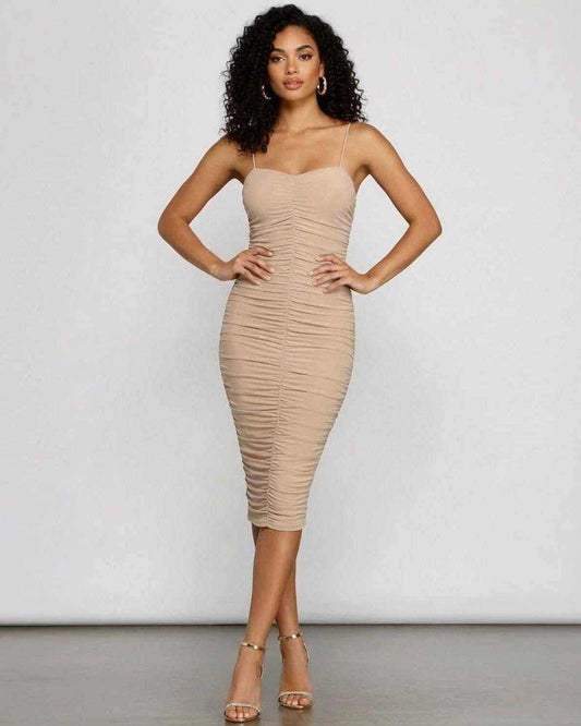 Solenne Midi Dress by SLIMONA featuring a sweetheart neckline and ruched bodycon fit in a neutral tone.