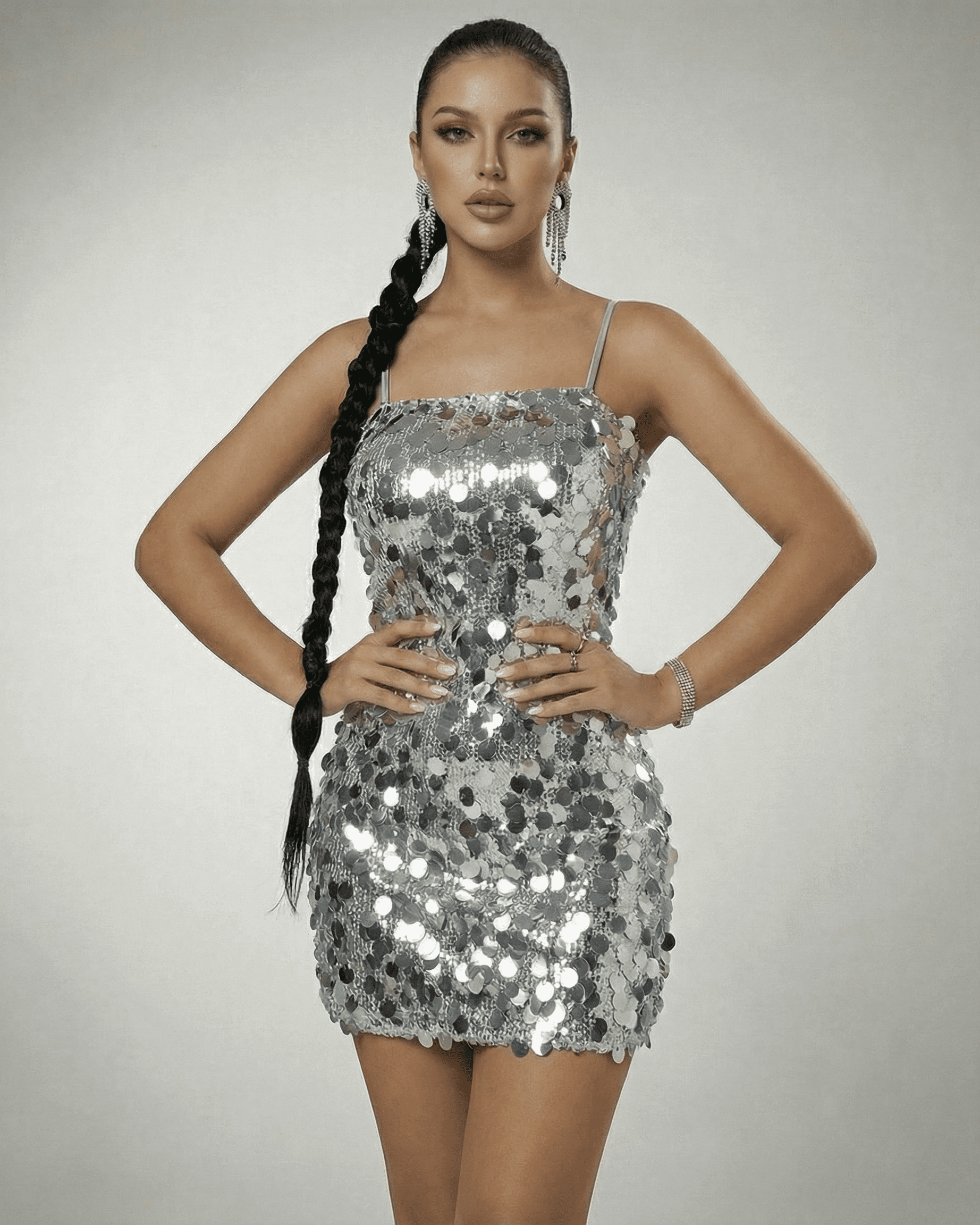 Stella Mini Dress by SLIMONA, silver sequin off-the-shoulder mini dress showcasing a modern high-waist silhouette.