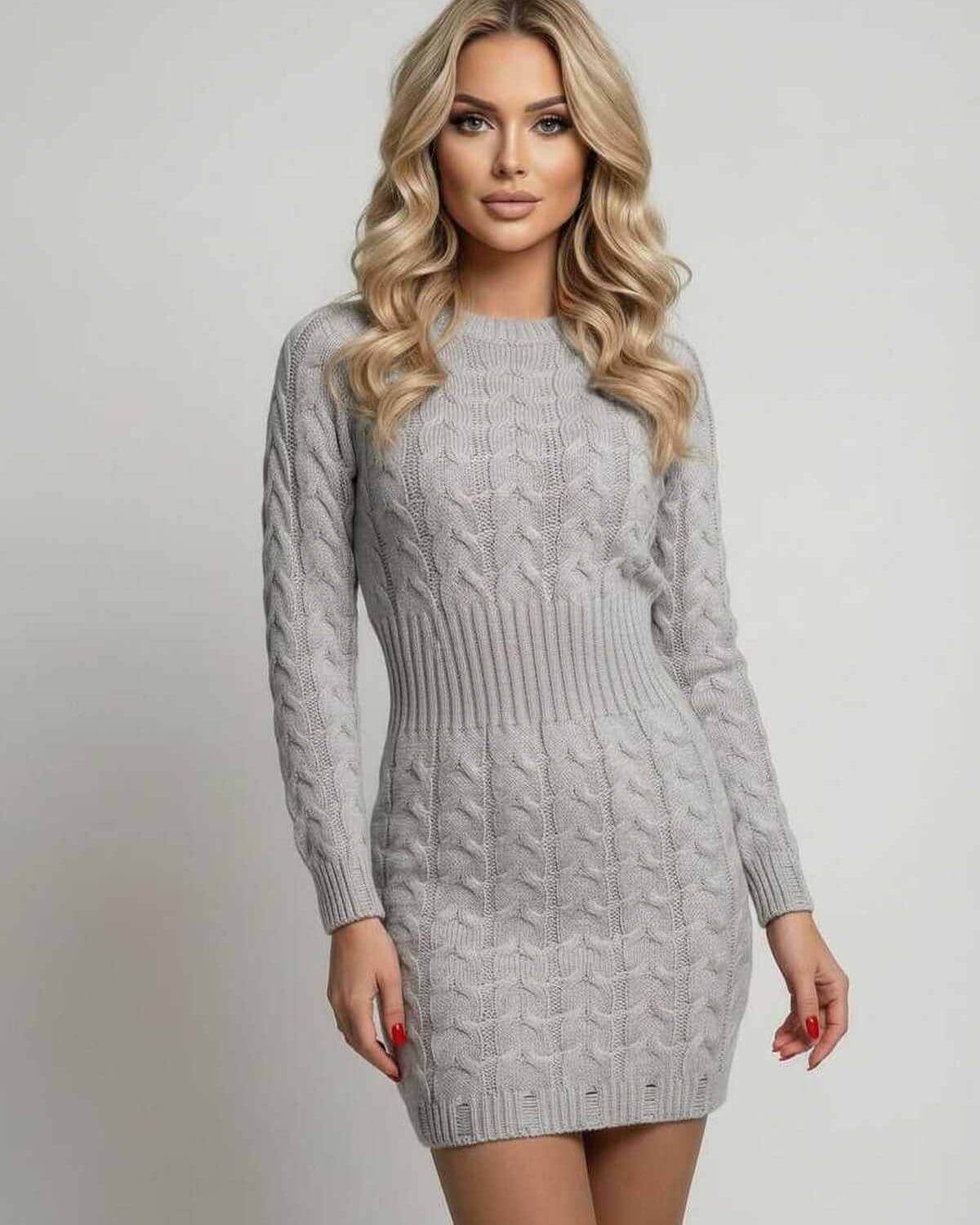 Sterling Mini Dress by Lauven in soft gray cable knit, showcasing a cozy fit, long sleeves, and a flattering silhouette.