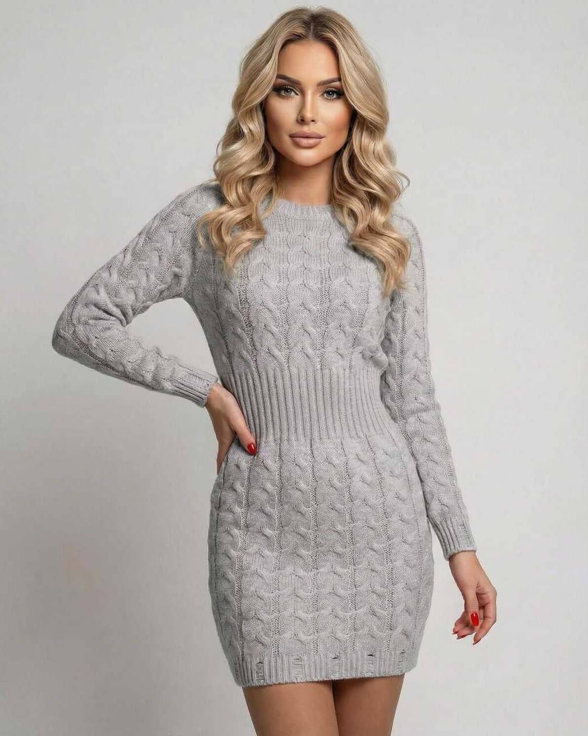 Sterling Mini Dress by Lauven - Cozy cable knit sweater dress in soft gray with long sleeves and O-neck.