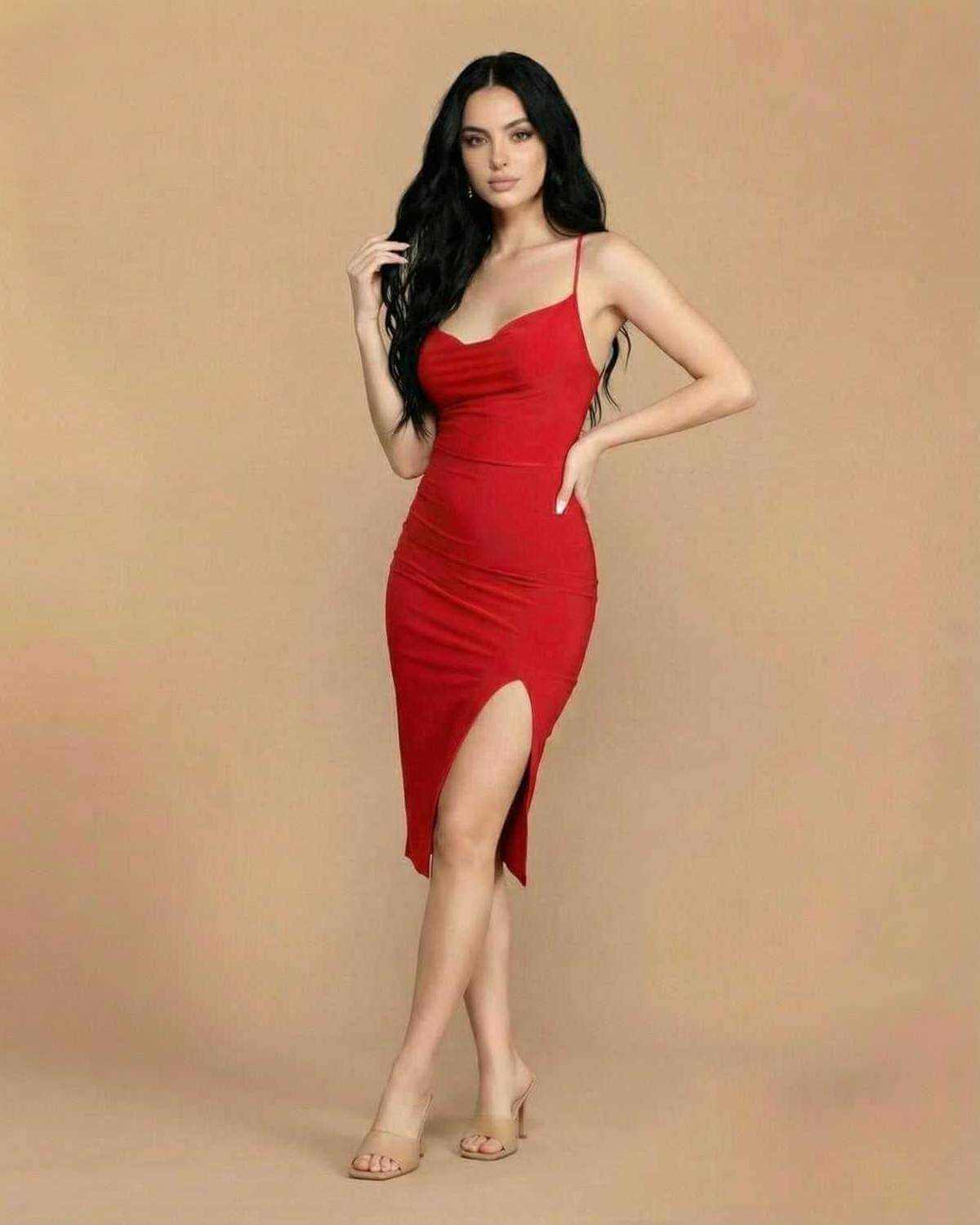 Valencia Midi Dress by SLIMONA in red featuring a cowl neckline and thigh-high slit for a chic evening look.