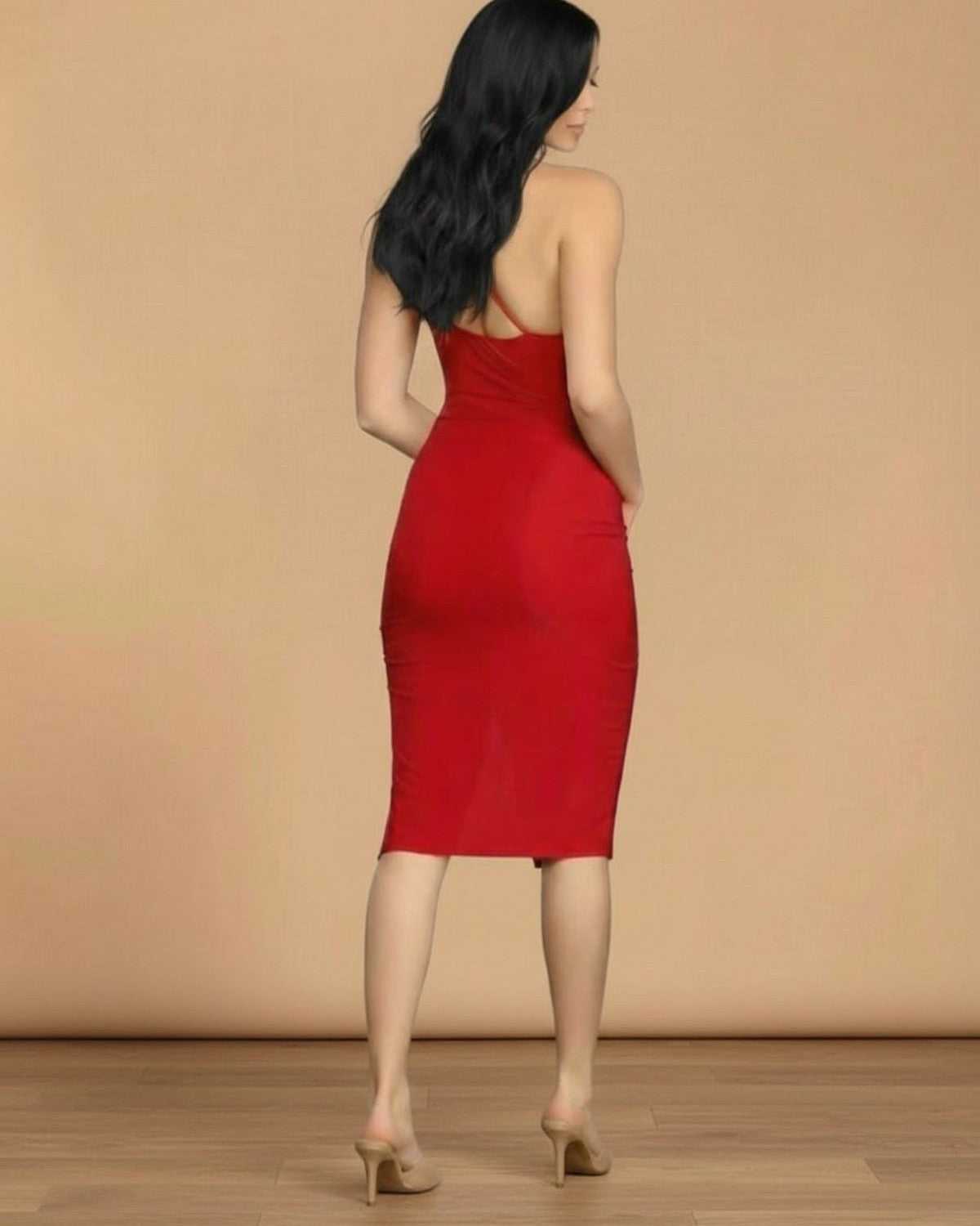 Valencia Midi Dress by SLIMONA showcasing a back view in a chic red color, designed to accentuate curves and elegance.