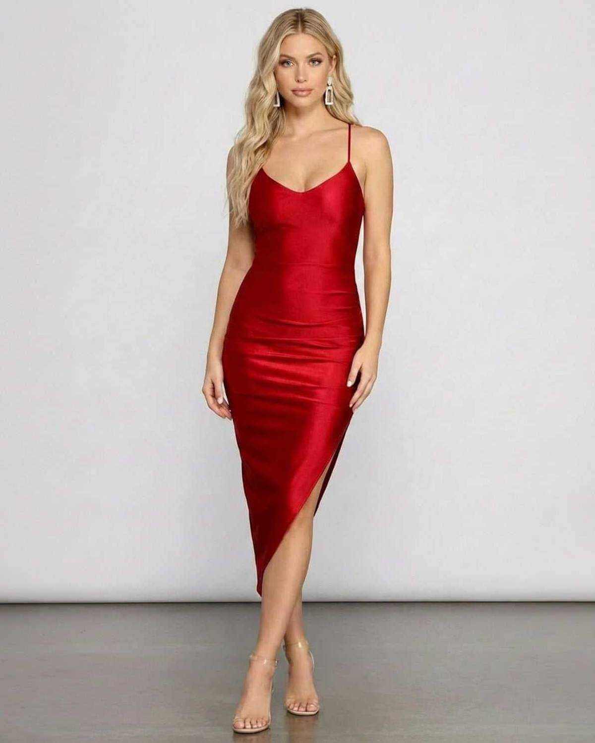 Valencia Midi Dress by SLIMONA - Striking red satin bodycon midi dress with sleeveless V-neckline.