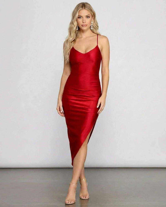 Valencia Midi Dress by SLIMONA - Striking red satin bodycon midi dress with sleeveless V-neckline.