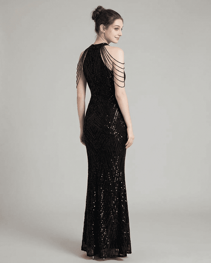 Vega Maxi Dress by SLIMONA, elegant black halter mermaid gown with intricate sequin detailing, showcasing a graceful silhouette.
