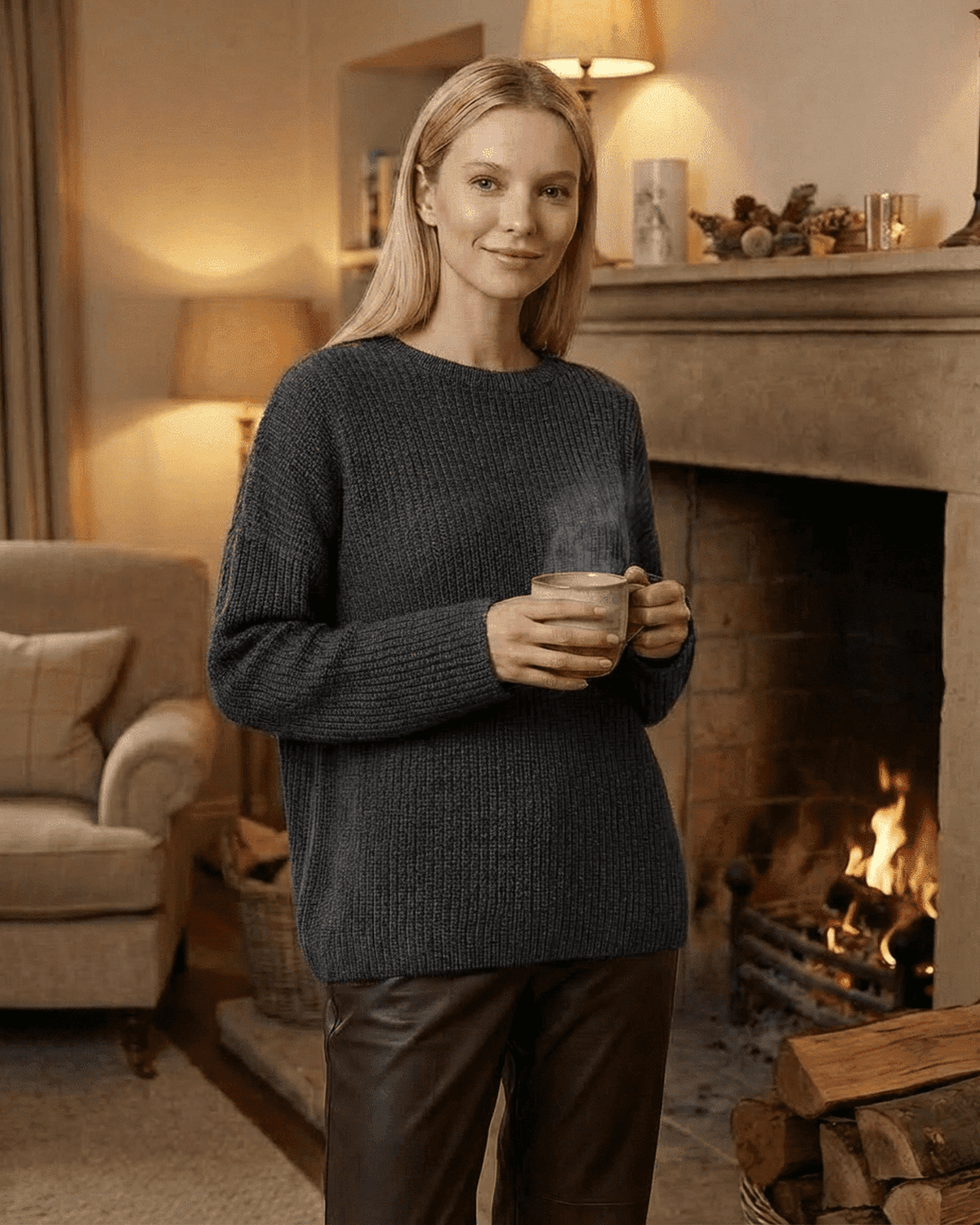 Woman wearing the Vega Sweater by SLIMONA, enjoying a cozy moment by the fireplace with a warm drink.
