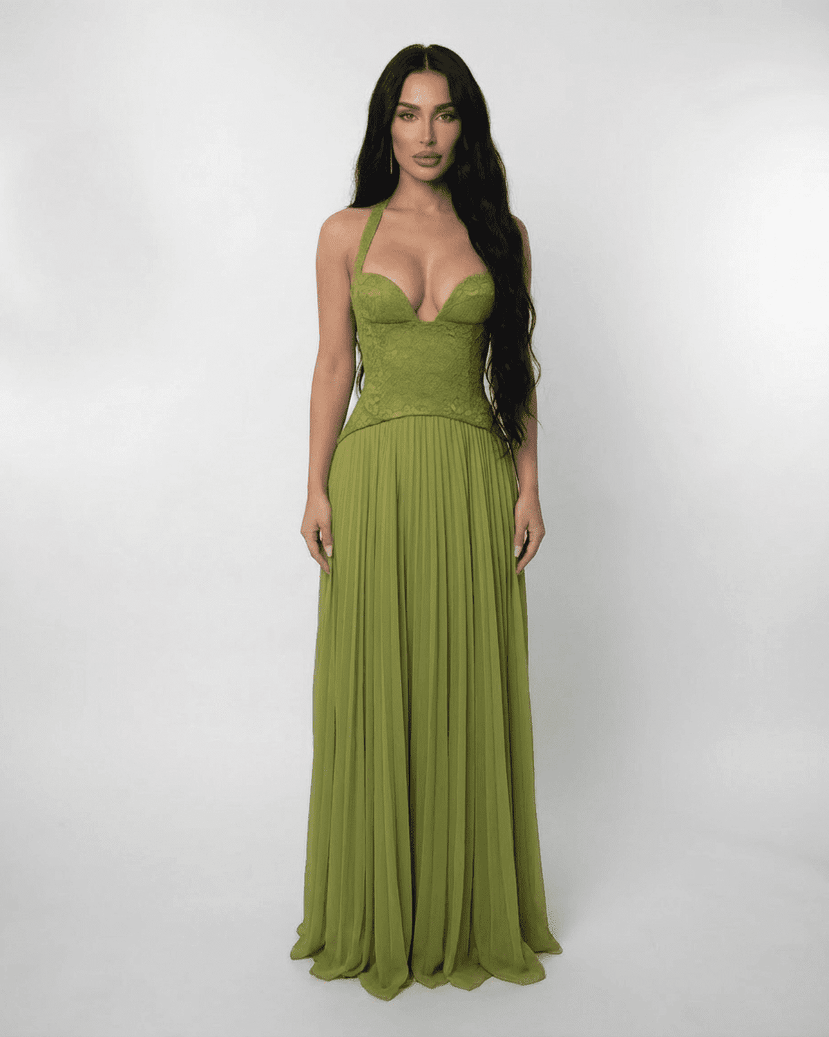 Elegant Verdant Maxi Dress by SLIMONA featuring a lace bodice and pleated skirt in rich olive green.