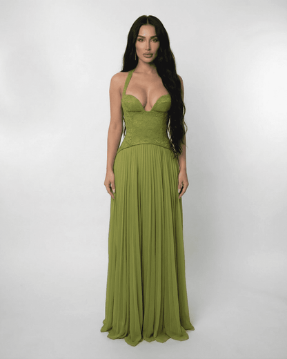 Elegant Verdant Maxi Dress by SLIMONA featuring a lace bodice and pleated skirt in rich olive green.